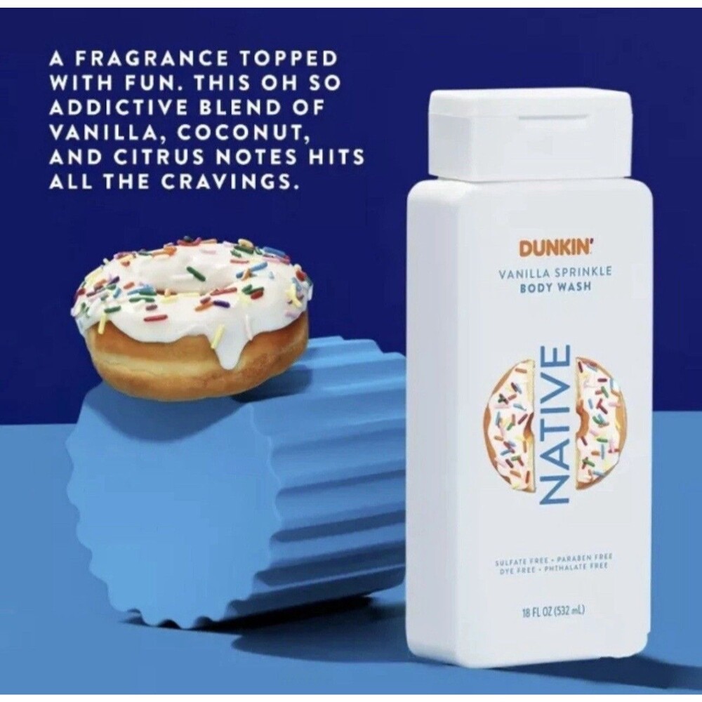Native DUNKIN 4 Pack Vanilla Sprinkle Body Wash Limited Edition 18 FL OZ/532ML - Picture 6 of 6